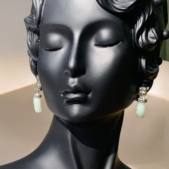 Marcasite & Green Jade Drop Earrings Vintage Style Elegant Stud Design - Picture 4 of 8